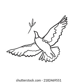 Doodle dove of peace illustration. Pigeon with olive branch line art. Concept of peace. Flying stylized bird vector illustration