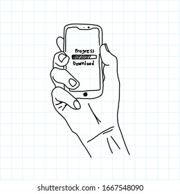 doodle Download Process Bar with hand holds the smartphone