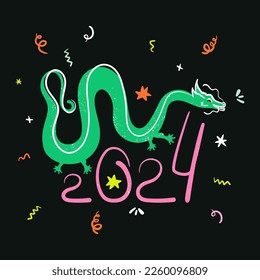 Doodle dragon with abstract elements vector illustration. Year of Dragon, Chinese New Year 2024 symbol, textured modern poster, hand drawn card