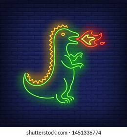 Doodle dragon breathing fire neon sign. Children, fairytale, fantasy design. Night bright neon sign, colorful billboard, light banner. Vector illustration in neon style.