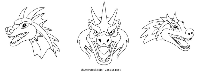 Doodle dragon's head. Set of dragon head outline. Hand drawn dragon's heads in doodle style. Vector illustration.
