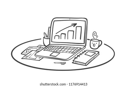 Doodle draw by hand the office desk is messy. Vector illustration.