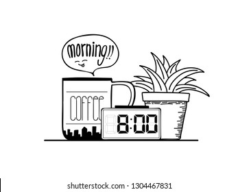 Doodle draw by hand on the tablet is refreshing morning with coffee. Vector illustration. 
