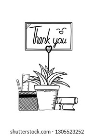 Doodle draw by hand on the tablet is element of office desk with thank you card. Vector illustration. 