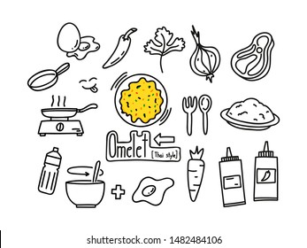 Doodle draw by hand on tablet is set of how to cooking thai style omelet. Vector illustration.