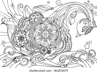 Doodle draw. A fabulous bird, drawing hands.Black and white trace image.