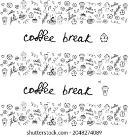 Doodle Dibujar un café aislado sobre una sábana blanca: taza con café caliente, hervidor de agua, alubias, azúcar, galletas y un árbol de café.  interrupción de café de texto