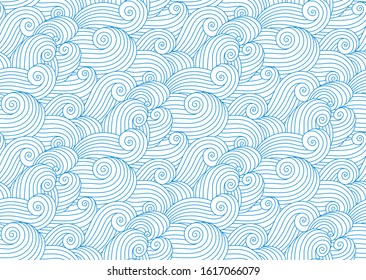 Doodle draw ocean waves background. Organic shapes wavy blue and white outline contour drawing wallpaper design.Vector seamless nautical sea tides pattern.