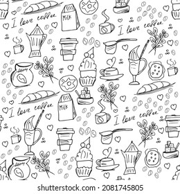 Doodle Draw a seamless coffee set isolated on a white background: a cup of hot coffee, a kettle, beans, sugar, cookies, milk, a croissant, a donut. Hand-drawn coffee set and text I love coffee