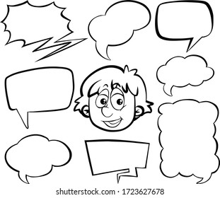 Doodle drawing of boy and speech bubbles on white background illustration