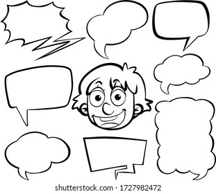 Doodle drawing of boy and speech bubbles on white background illustration