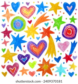 Doodle drawing by hand with colored pencils. Drawings with crayon. Hearts, stars, comets and 
abstract circles. Cute colorful hand drawn elements.