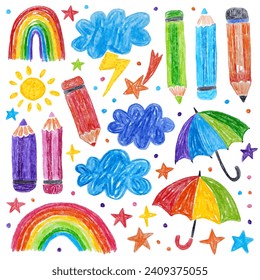 Dibujo a mano con lápices de colores. Dibujos con crayón. Lápices de colores, paraguas, tiempo, nubes, sol, estrellas, arco iris. Elementos dibujados a mano de colores.