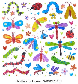 Doodle drawing by hand with colored pencils. Drawings with crayon. Insects, butterflies, dragonflies, beetles, ladybug, caterpillars, bees, mosquitoes, flies, flowers, hearts. 