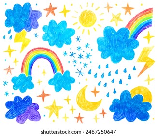 Doodle drawing by hand with colored pencils. Drawings with crayon. Weather symbols, clouds, thunderstorm, rainbow, rain and drops, snow, moon and sun, stars. Colorful hand drawn elements.