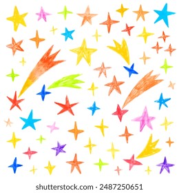 Doodle drawing by hand with colored pencils. Drawings with crayon. Various colorful stars and comets. Colorful hand drawn elements, collection of stars.