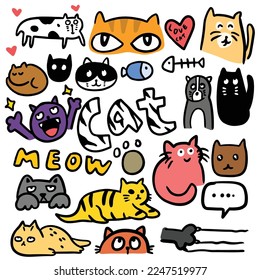 doodle drawing cat cartoon color set