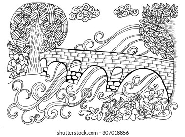 Doodle drawing for coloring book. Bridge through the river