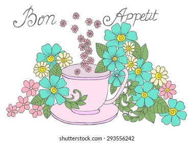 Doodle drawing cup of herbal tea on a table and beautiful flowers. 