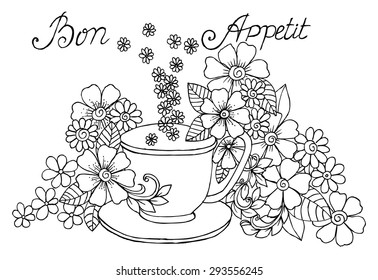 Doodle drawing cup of herbal tea on a table and beautiful flowers. 