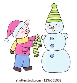 Doodle drawing with cute pig in winter outfit and snowman in cap and scarf