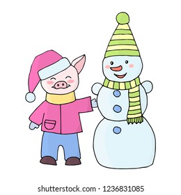 Doodle drawing with cute pig in winter outfit and snowman in cap and scarf