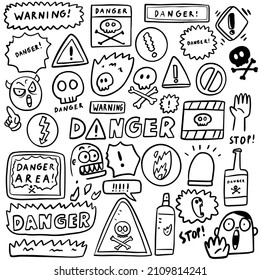 doodle drawing danger icon hand draw cartoon set