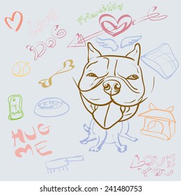 Doodle drawing of dog and accessory on white 
