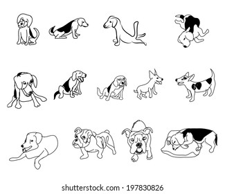 Doodle drawing of dog in many pose on white