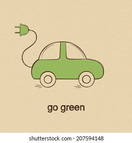 Doodle drawing of eco friendly electric car over rough brown paper background