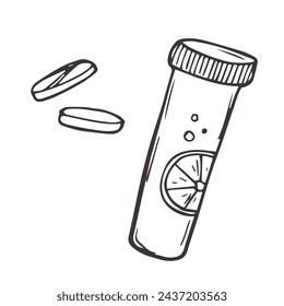 Dibujo garabato de tabletas efervescentes. Comprimidos de vitamina C