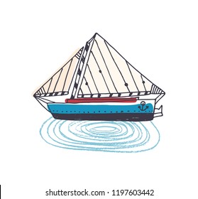Doodle drawing of elegant ship, sailing boat or yacht with sail in ocean. Beautiful sailboat in sea journey or trip. Marine navigation. Colorful hand drawn vector illustration in naive style.