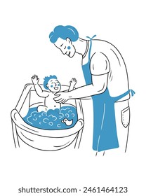 Doodle drawing of father washing newborn in bath. Vector health care and growing up concept for logo. Contour flat sketchy illustration in blue and black colors isolated on white background.