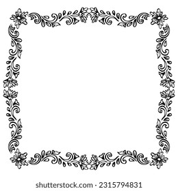 Doodle drawing floral frame background on black and white.