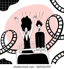 Doodle drawing girl and boy couple rides a roller coaster at an amusement park.