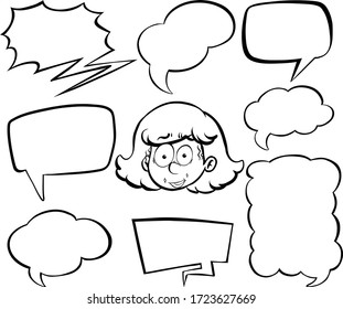 Doodle drawing of girl and speech bubbles on white background illustration