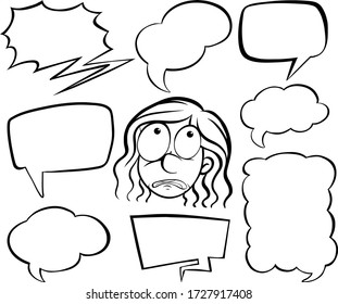 Doodle drawing of girl and speech bubbles on white background illustration