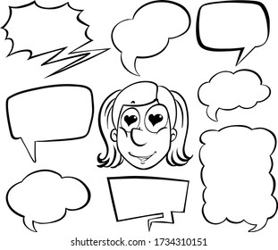 Doodle drawing of girl and speech bubbles on white background illustration