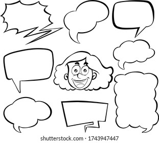 Doodle drawing of girl and speech bubbles on white background illustration