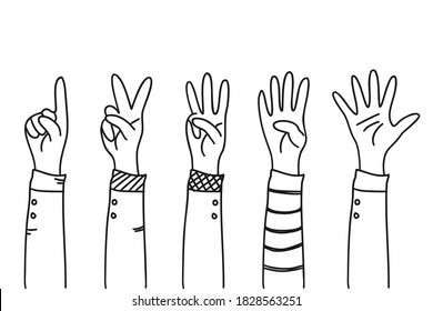 doodle drawing of hands finger gesture showing numbers counting one, two, three, four, five. Set of vector isolated illustration symbols