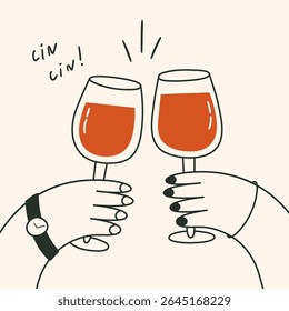 Doodle drawing of hands holding clinking wine glasses. Cheers, cin cin, toast concept in line art style. Dinner party, celebration event, wedding design. Vector graphic for card, poster, print