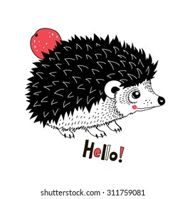 doodle drawing of hedgehog with apple , kid design