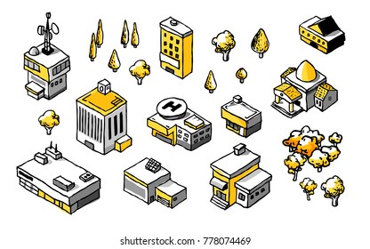 Doodle Drawing Isometric Buildings Set