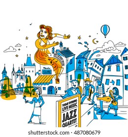 Doodle drawing of jazz musicians going to club in the city. Color funky line art illustration