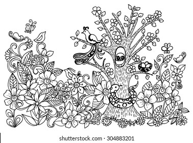 Doodle Drawing Of Magical Forest. Vector Image With Wild Animals And Floral Pattern.