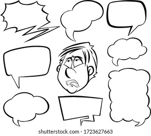 Doodle drawing of man and speech bubbles on white background illustration