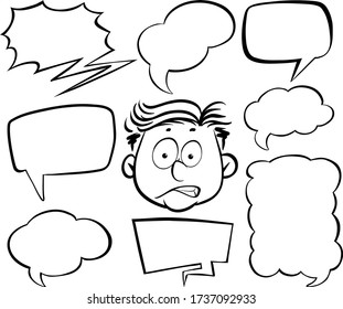 Doodle drawing of man and speech bubbles on white background illustration