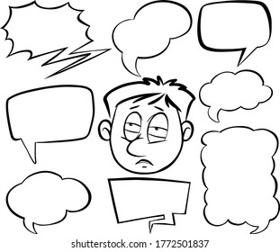 Doodle drawing of man and speech bubbles on white background illustration