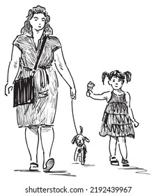 Doodle drawing mother and little daughter walking outdoors summer day