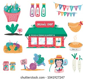 Doodle drawing organic supermarket with cute veggies, fruits, seller, and foods, dotted texture flat style, all isolated on white background, illustration, vector